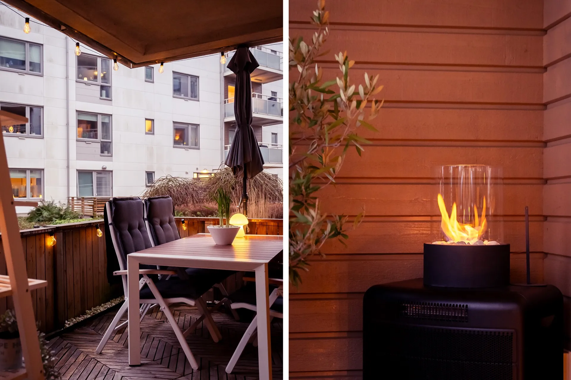 Eldstad i premiumlägenhet med skymningsljus