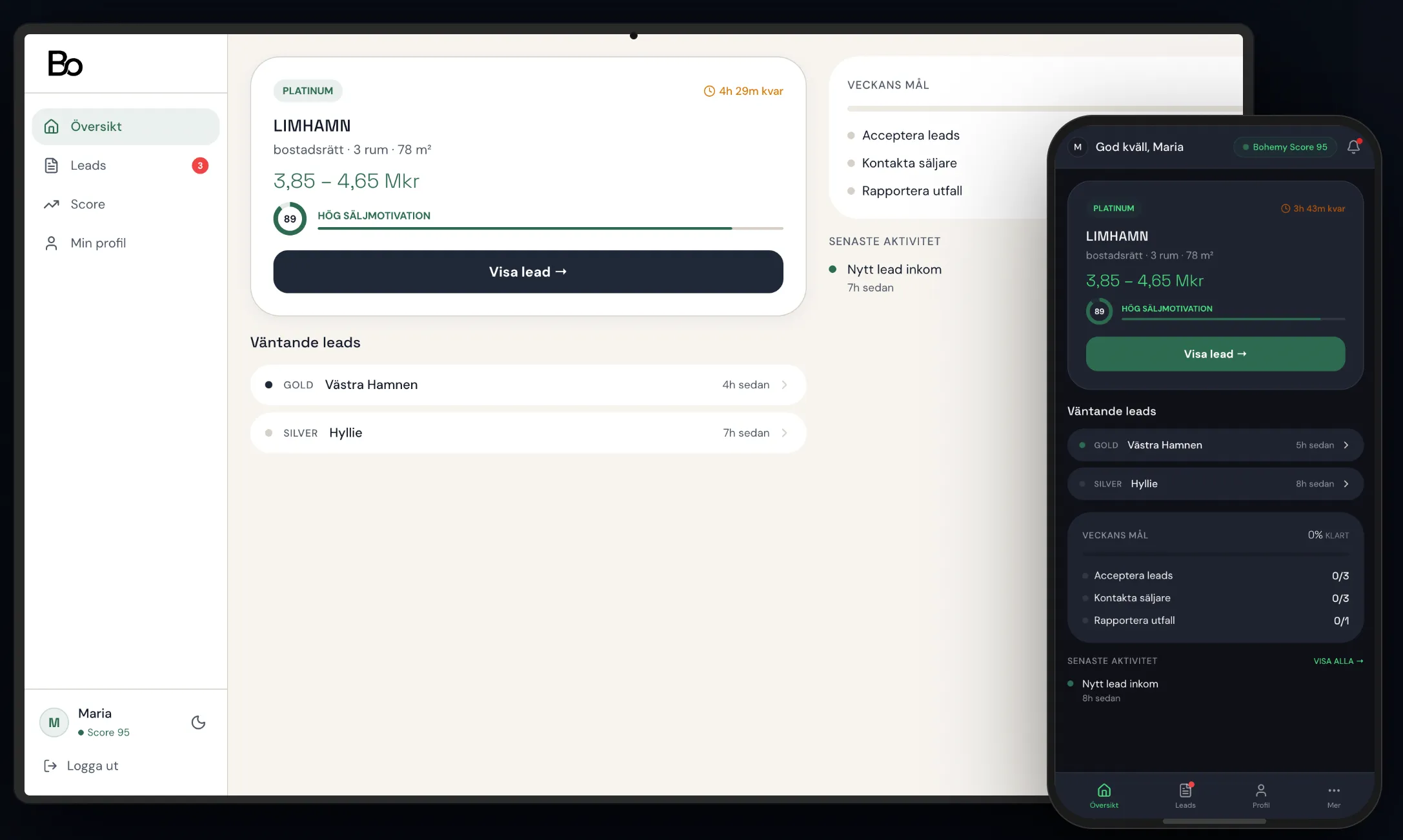 Bohemy mäklardashboard — leads, AVM-estimat och mobilvy